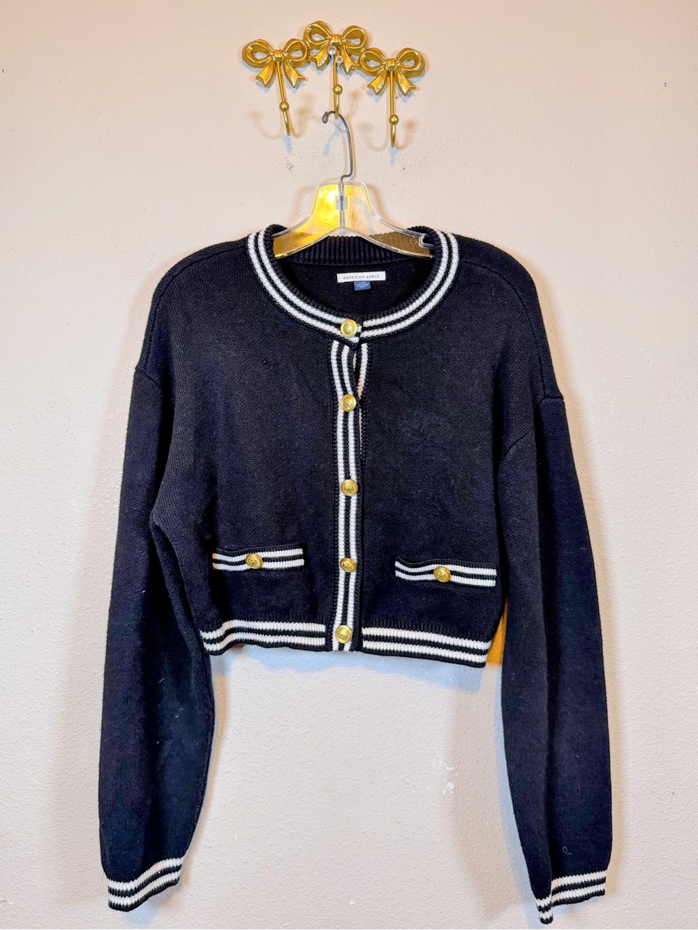 American Eagle Outfitters Black Cropped Cardigan with White Stripe Trim Size L